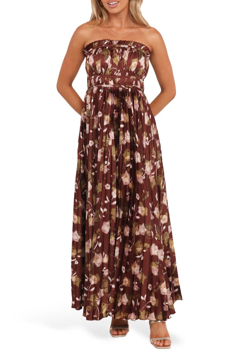 Angelique Print Strapless Maxi Dress, Main, color, BROWN FLORAL