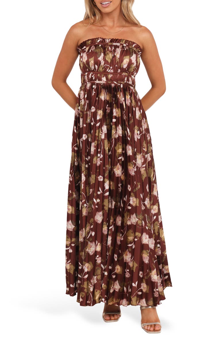 Petal & Pup Angelique Print Strapless Maxi Dress, Main, color, Brown Floral