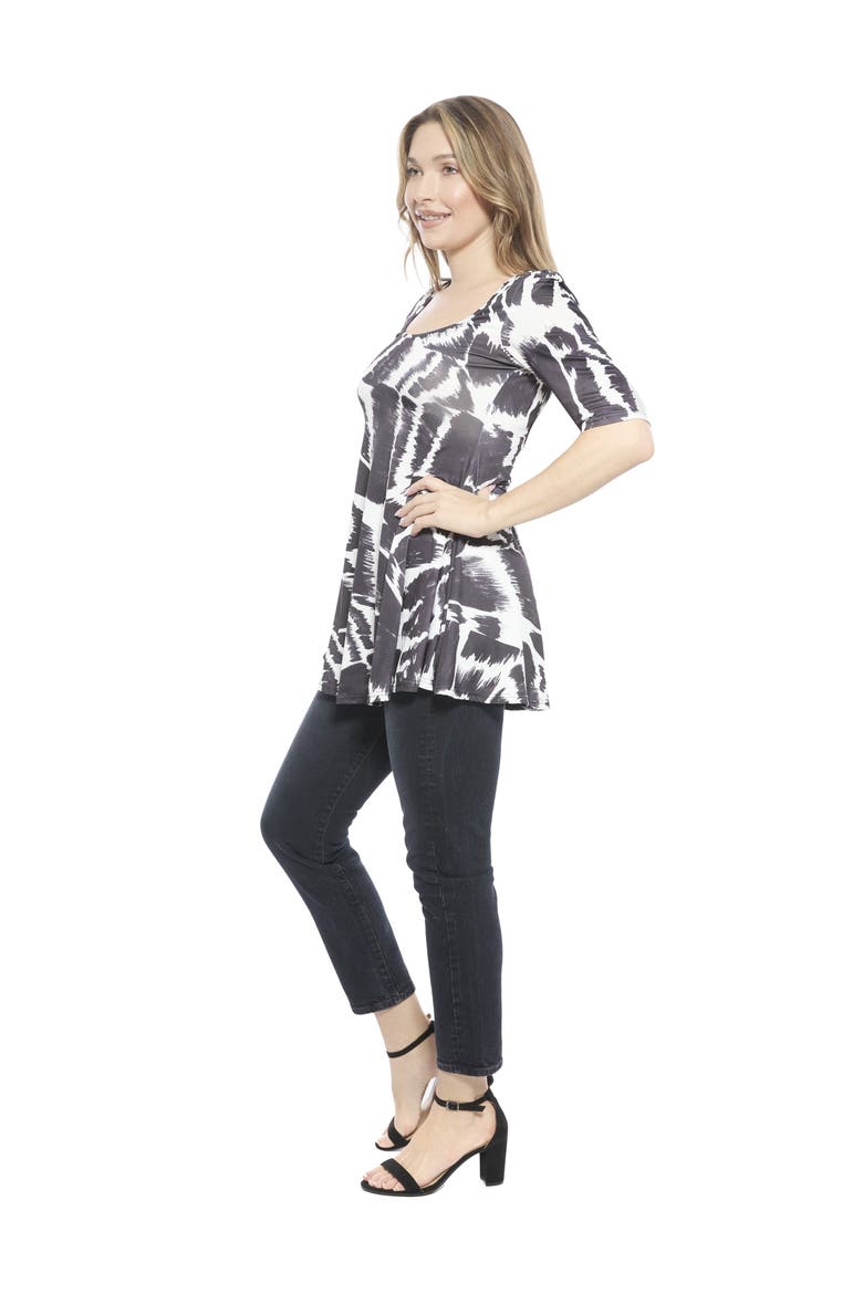 Womens Abstract Scoop Neck Elbow Sleeve Tunic Top, Alternate, color, Black Multi