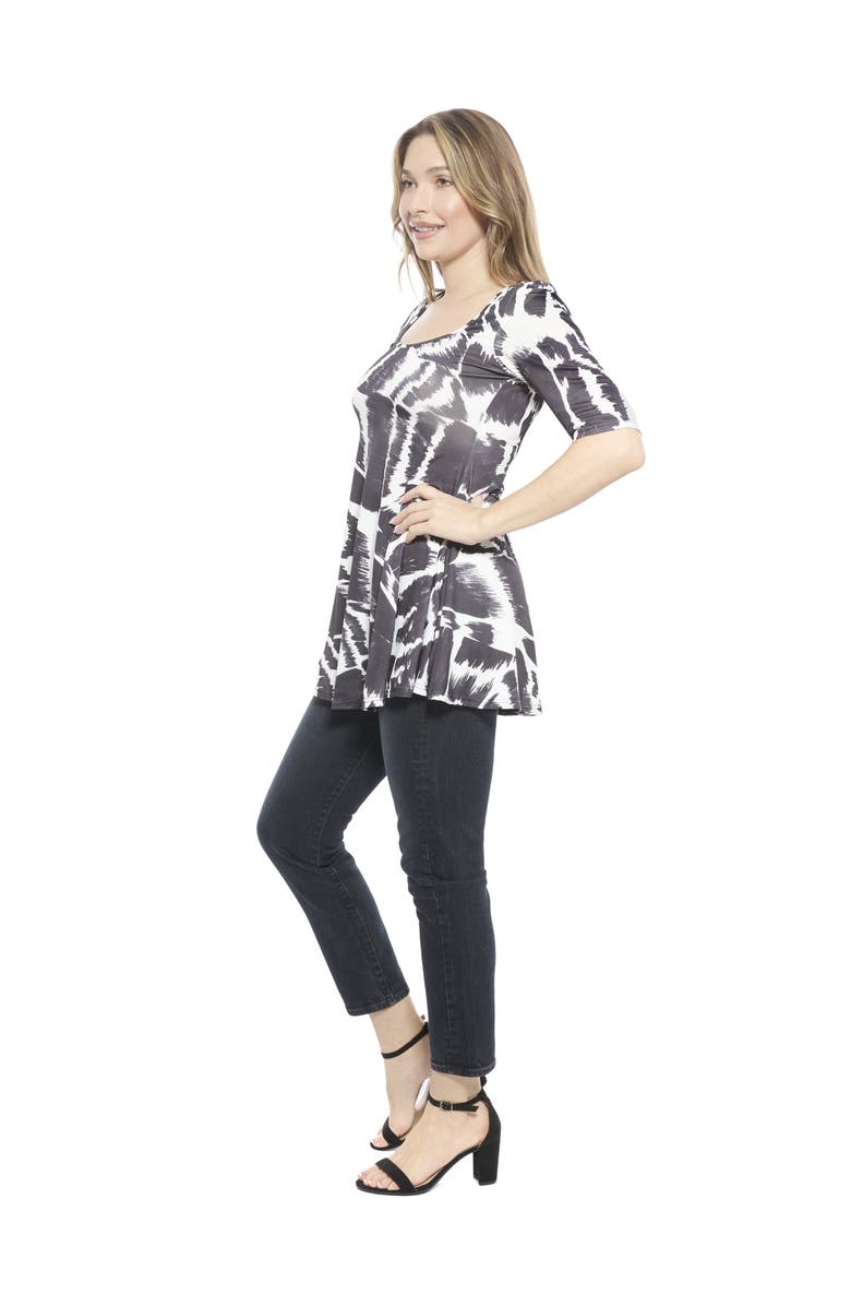24seven Comfort Apparel Womens Abstract Scoop Neck Elbow Sleeve Tunic Top, Alternate, color, Black Multi