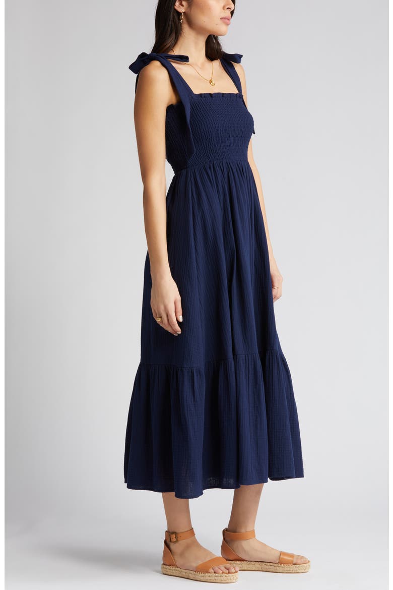 Smocked Tie Strap Cotton Gauze Midi Sundress, Alternate, color, NAVY PEACOAT