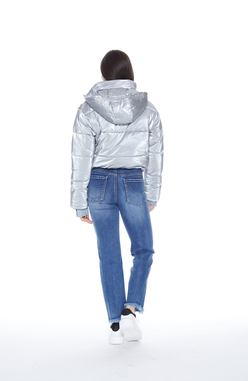 Blue Revival In The Mix Denim Shiny Puffer Jacket In Metallic Silver