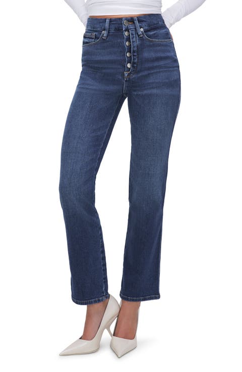 Good Curve Exposed Button High Waist Straight Leg Jeans (Indigo 593) (Regular & Plus)