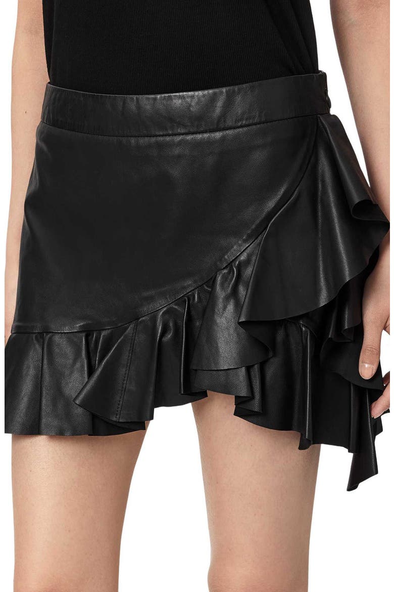 Luana Lea Ruffled Leather Miniskirt, Alternate, color, BLACK