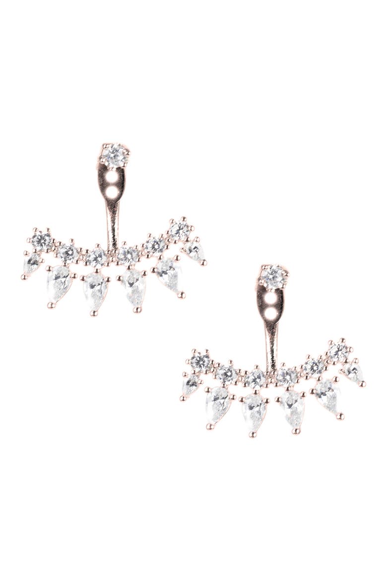Round & Pear CZ Curved Bar Front & Back Earrings, Main, color, CLEAR/ROSE GOLD