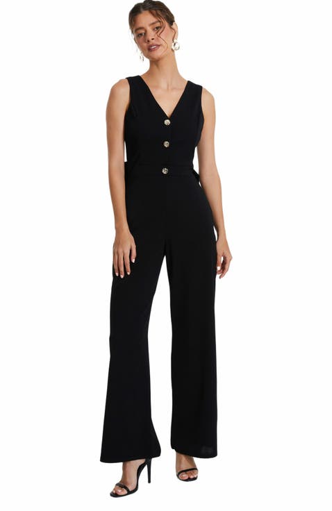 Button Front Scuba Crepe Jumpsuit With Open Back