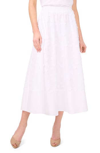 Cece Floral Appliqué Cotton Midi Skirt In White