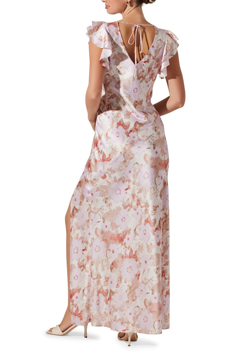 Floral Flutter Sleeve Satin Maxi Dress, Alternate, color, PINK FLRAL