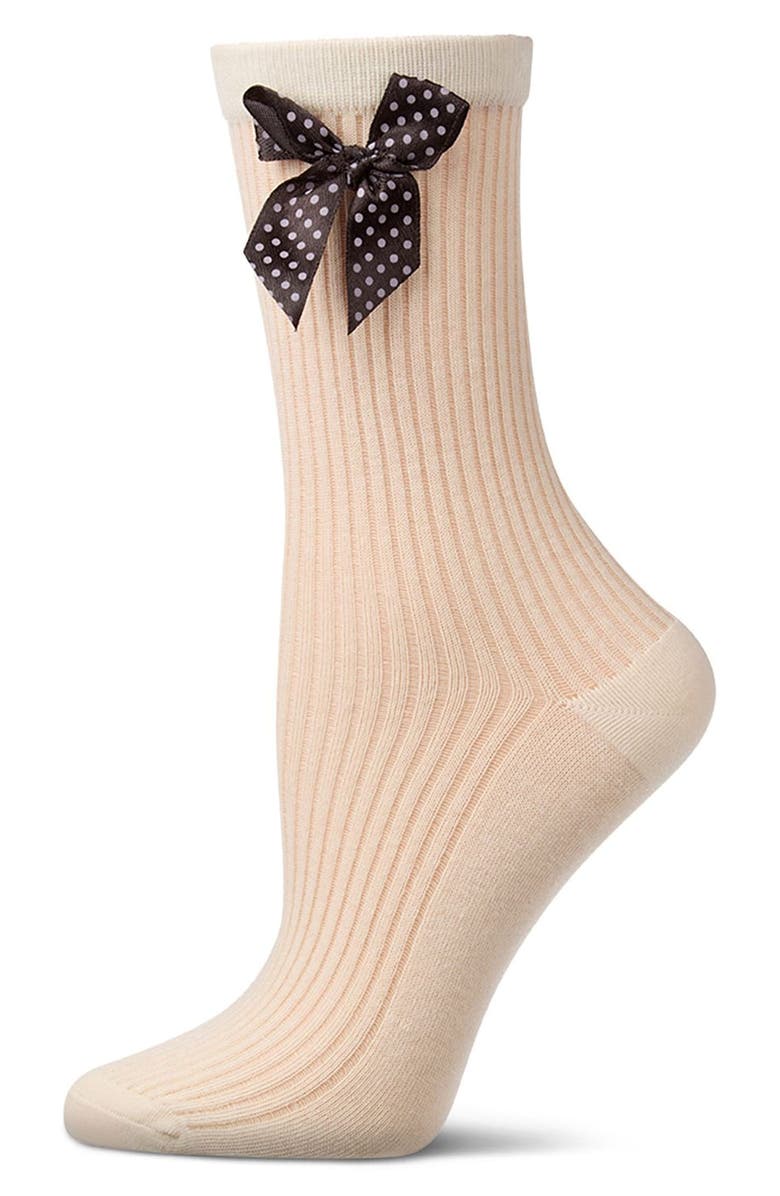 MeMoi Polka Dot Bow Rib Cotton Blend Crew Socks, Main, color, Yellow