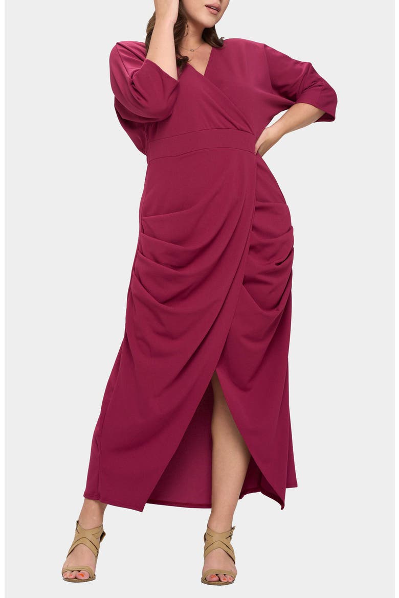 Dolman Elbow Sleeve Stretch Faux Wrap Maxi Dress, Alternate, color, MAGENTA