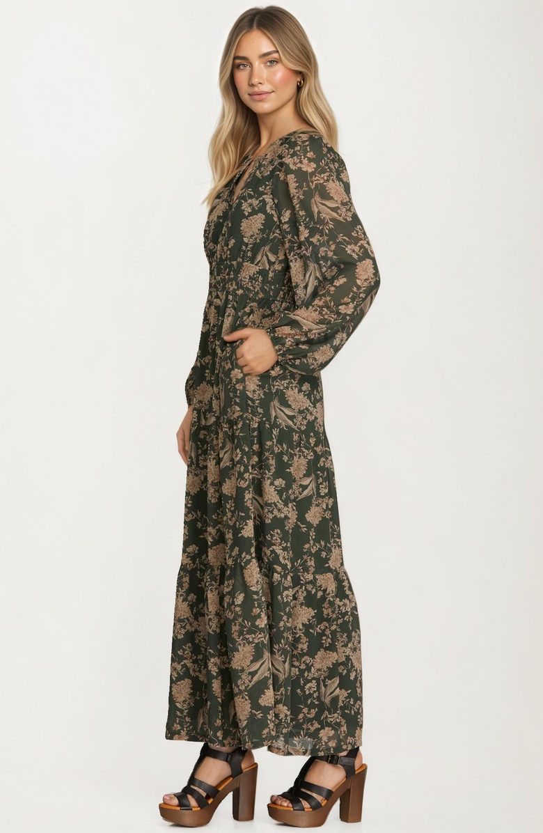 Knit and Lounge Long Sleeve Maxi Dress with Smocked Waist, Alternate, color, Dark Green / Floral