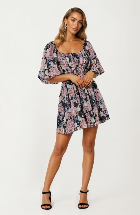 Puff Sleeve Floral Mini Dress with Smocked Waist
