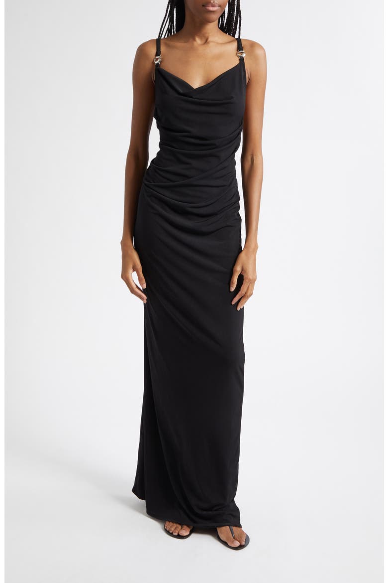 Logo Clasp Ruched Jersey Dress, Main, color, BLACK