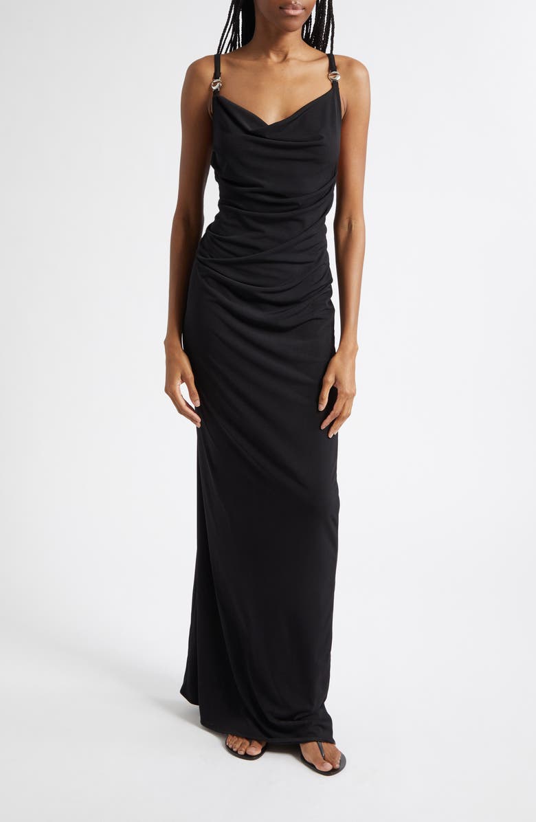 Coperni Logo Clasp Ruched Jersey Dress, Main, color, Black