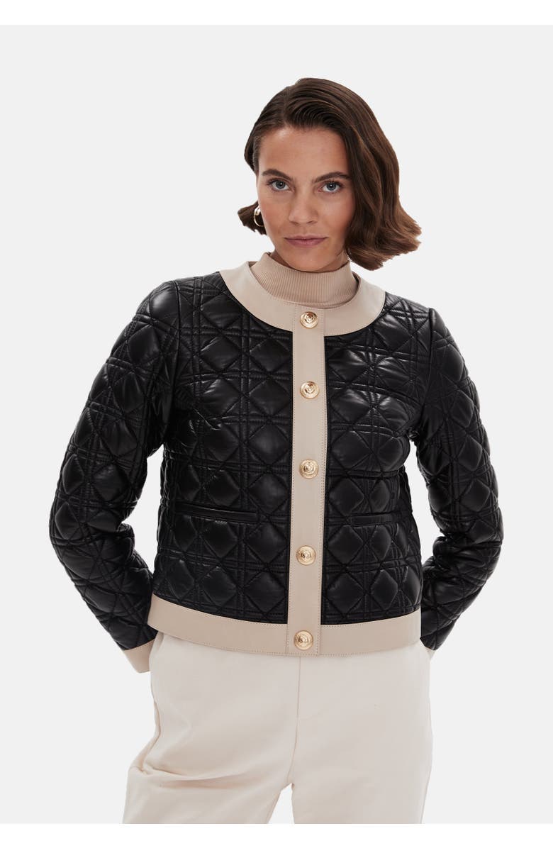 Furniq UK Helena Leather Jacket, Alternate, color, Black With Beige Trim