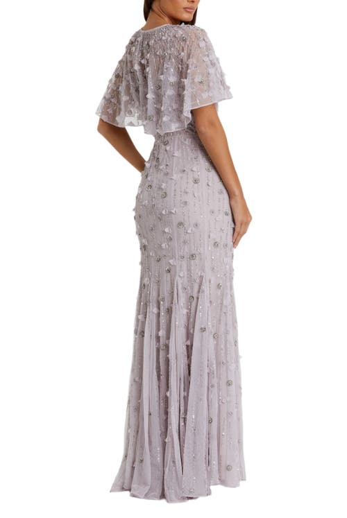 Mac Duggal Embellished Illusion Cape Sleeve Trumpet Gown In Vintage Lilac