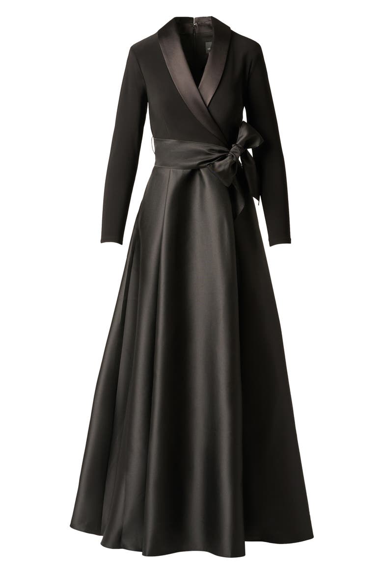 Mixed Media Long Sleeve Tuxedo Gown, Alternate, color, BLACK