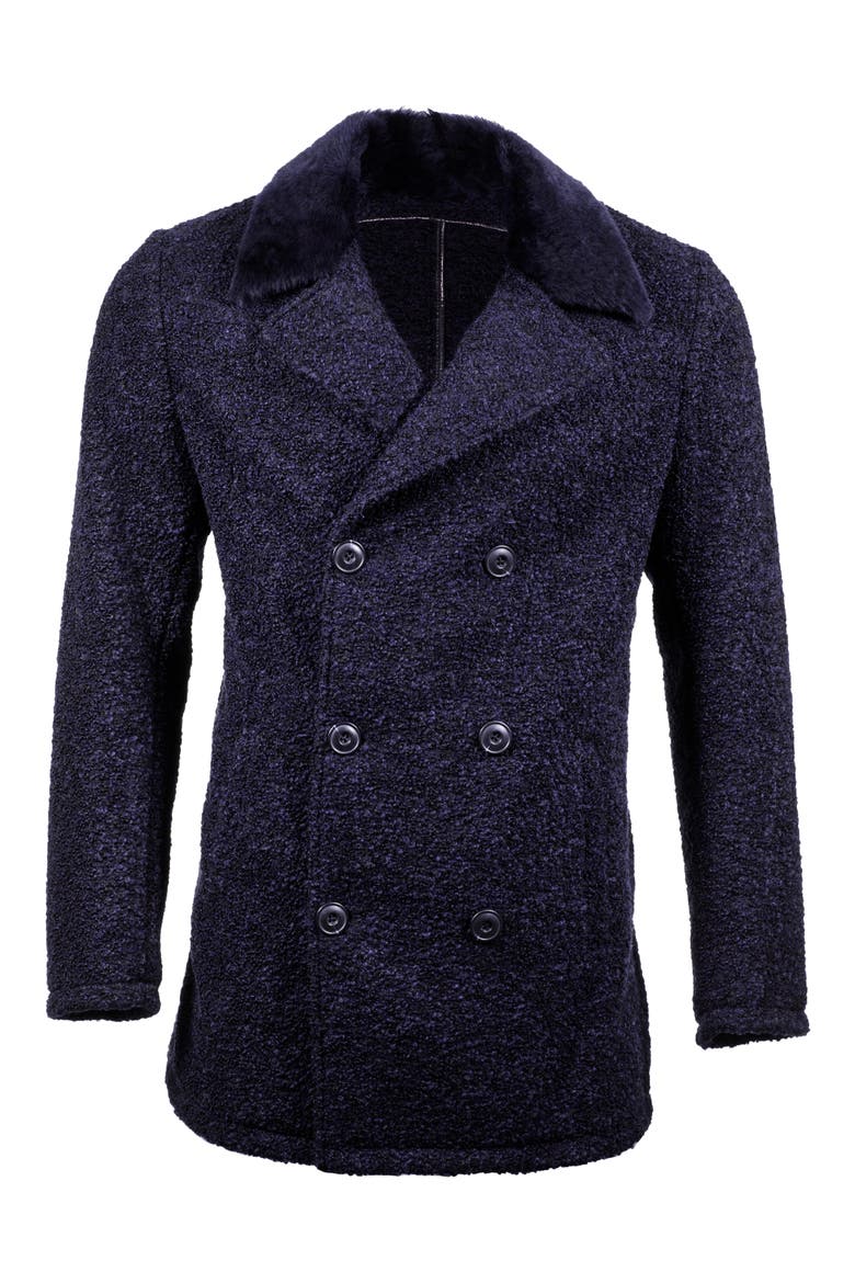 Double Breasted Wool Blend Bouclé Jacket with Shearling Trim, Main, color, NAVY