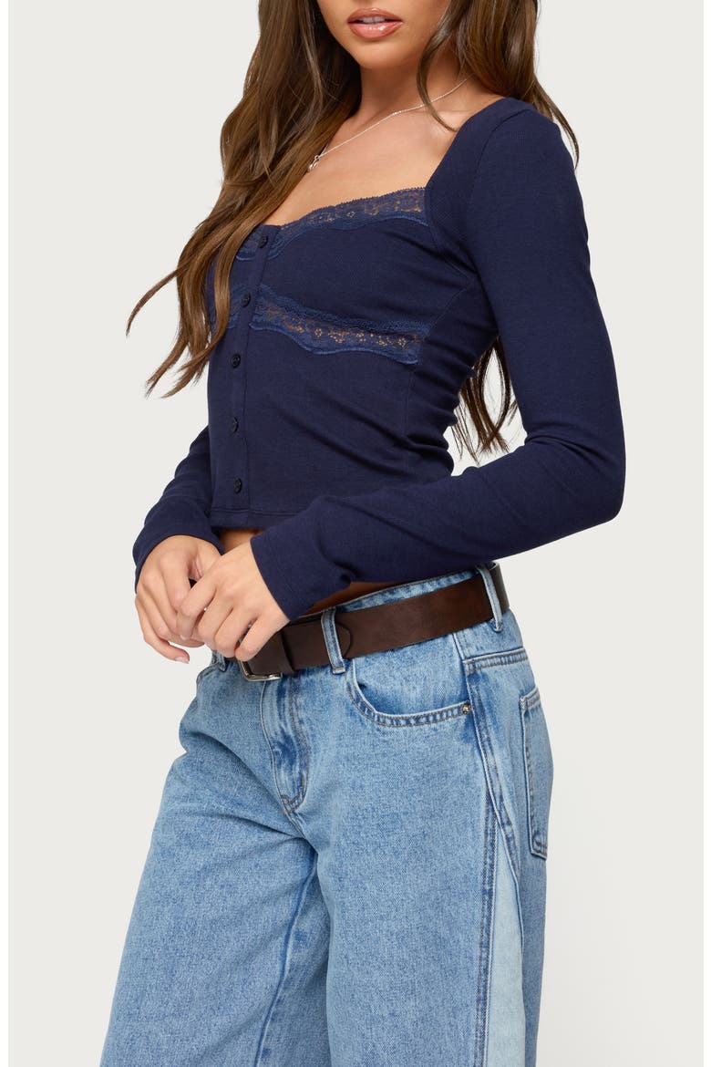 Kathi Lace Trim Long Sleeve Button-Up Shirt, Alternate, color, NAVY