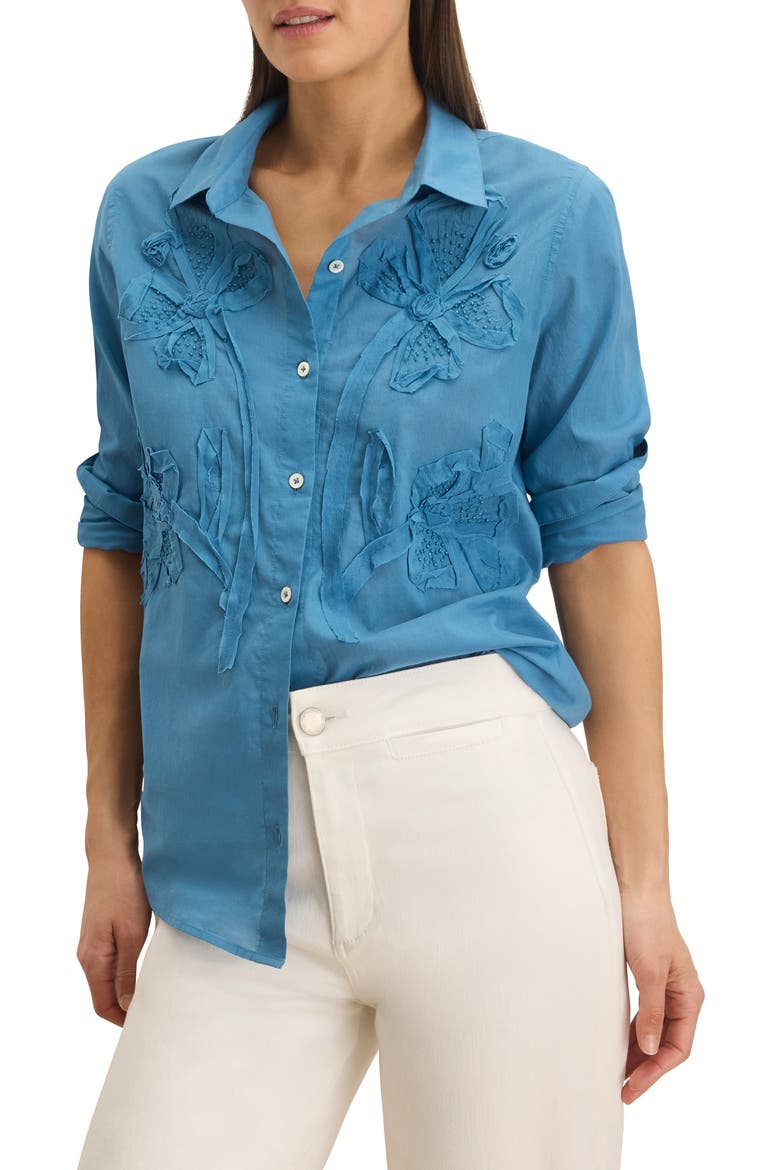Beaded Floral Appliqué Button-Up Top, Main, color, BLUE CHILL