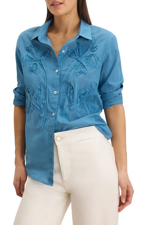 Beaded Floral Appliqué Button-Up Top