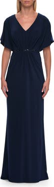 La Femme Flutter Sleeve Jersey Gown with Beaded Waist