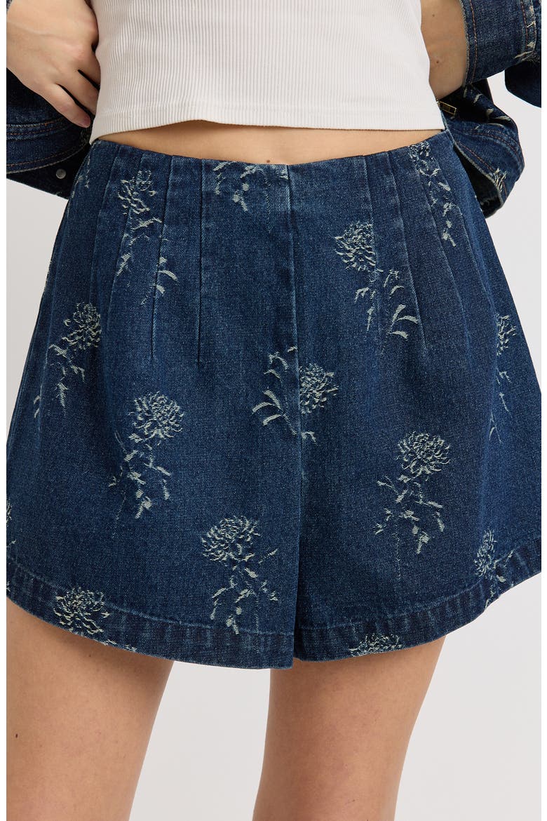 Paige Laser Etched Floral Denim Shorts, Alternate, color, MEDIUM WASH DENIM