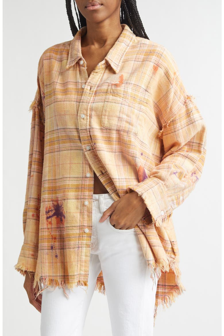 Shredded Seam Drop Neck Plaid Flannel Button-Up Shirt, Alternate, color, OVERDYED ORANGE PURPLE PLAID