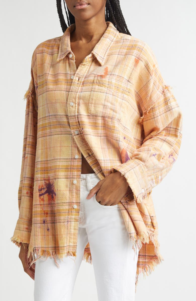 R13 Shredded Seam Drop Neck Plaid Flannel Button-Up Shirt, Alternate, color, Overdyed Orange Purple Plaid