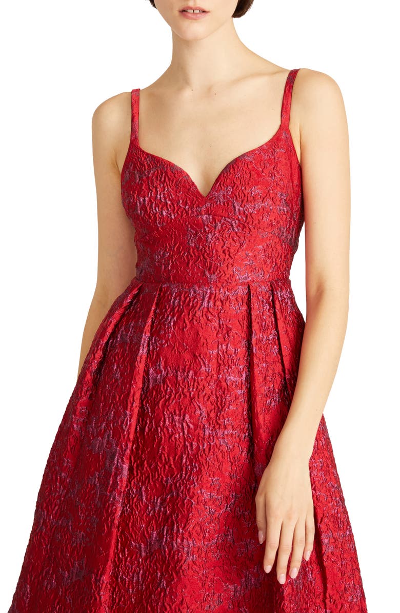 ML Monique Lhuillier Isabela Metallic Floral Jacquard Midi Cocktail Dress, Alternate, color, Carmine Multi