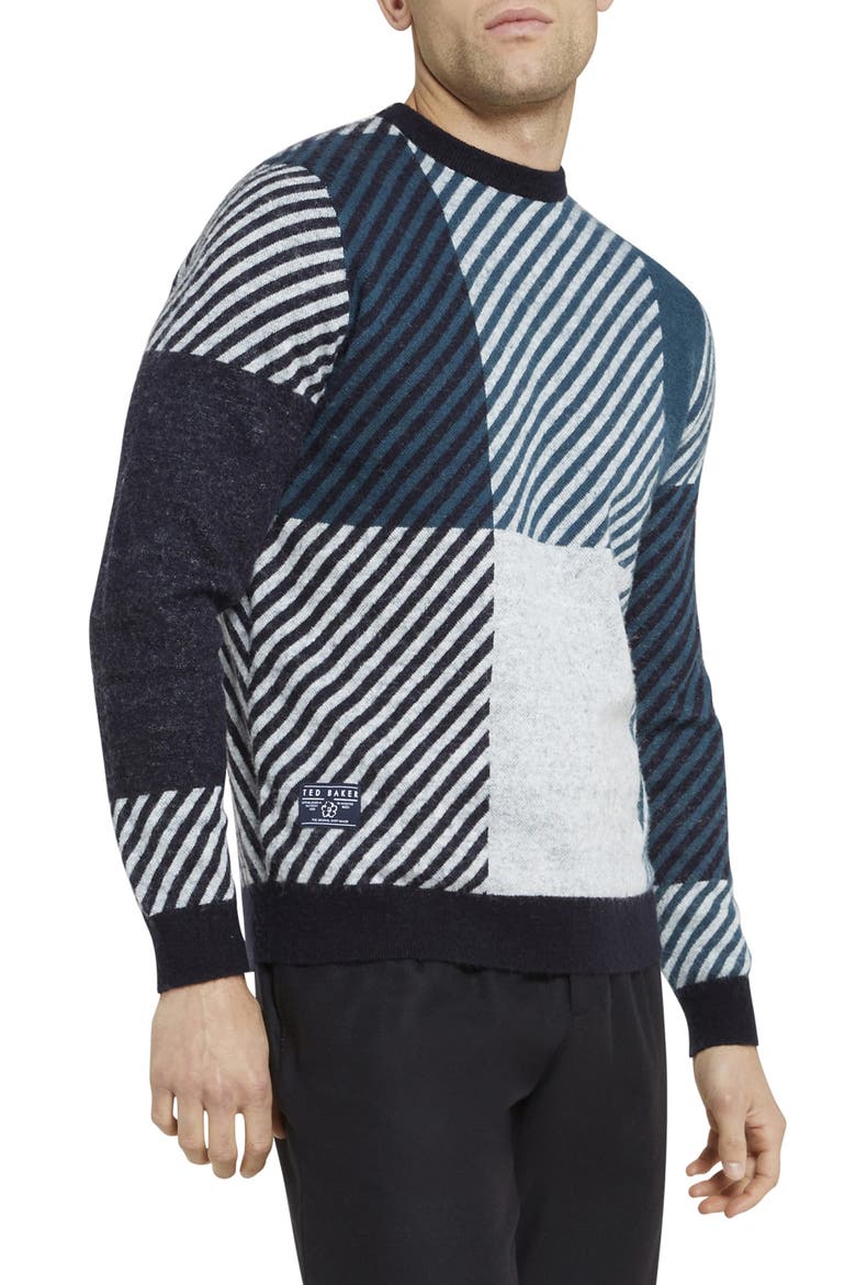 Skylark Check Pattern Crewneck Sweater, Alternate, color, NAVY
