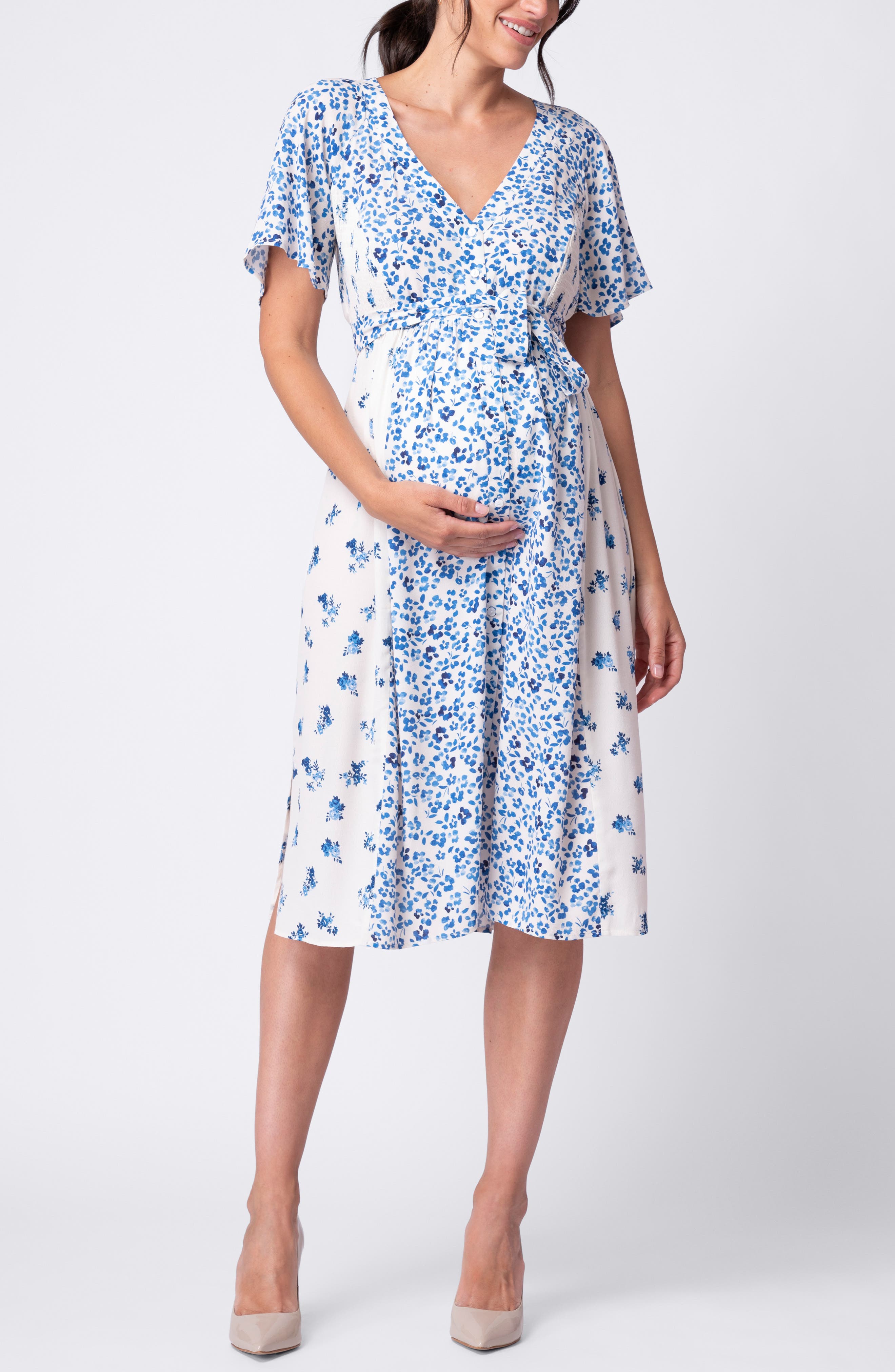 Seraphine Floral Flutter Sleeve Maternity/Nursing Dress in Blue Floral 