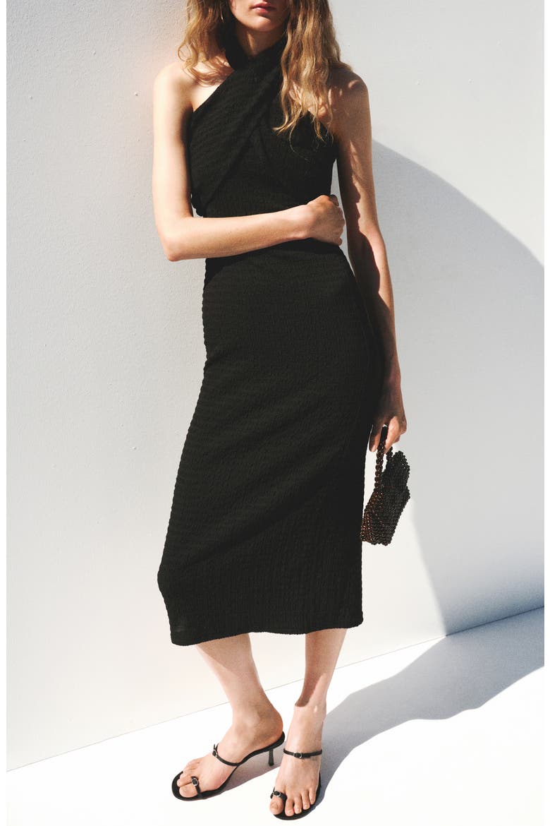 Crossed Halter Midi Dress with Slit, Main, color, BLACK