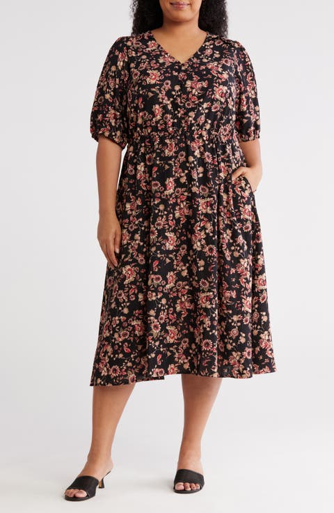 Ruffle Yoke Short Sleeve Midi Dress (Plus)