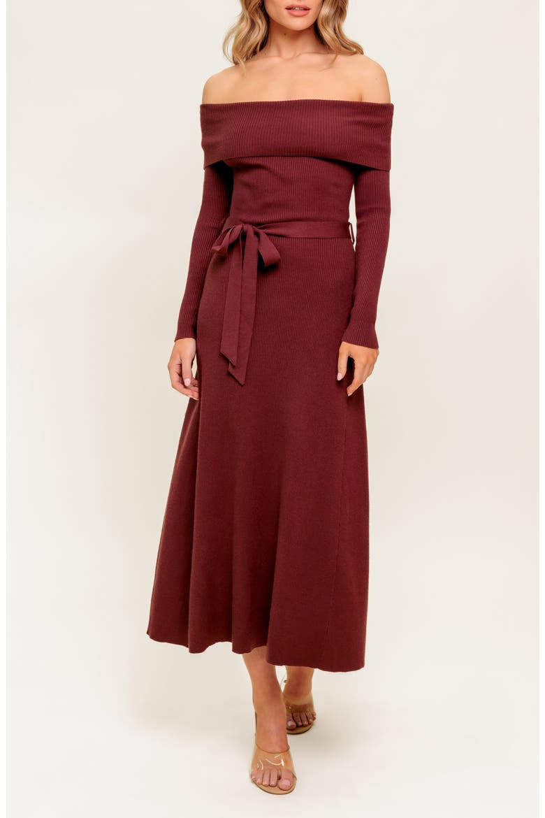 Off the Shoulder Long Sleeve Sweater Dress, Alternate, color, BROWN