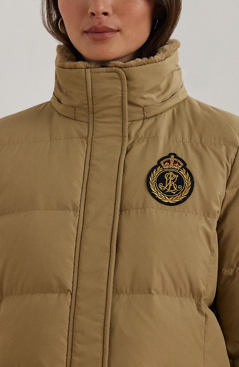 Lauren Ralph Lauren Crest Patch Down & Feather Fill Hooded Coat, Alternate, color, Birch Tan