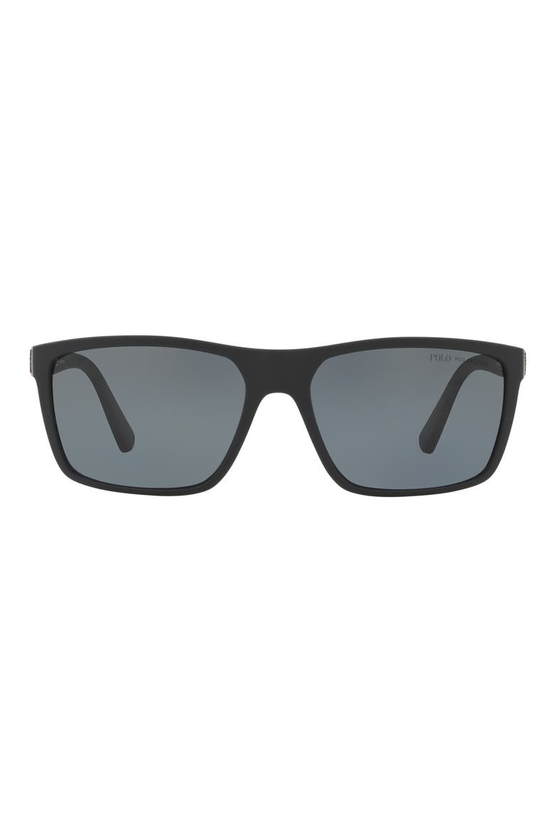 59mm Polarized Rectangular Sunglasses, Main, color, MATTE BLACK / POLAR GREY