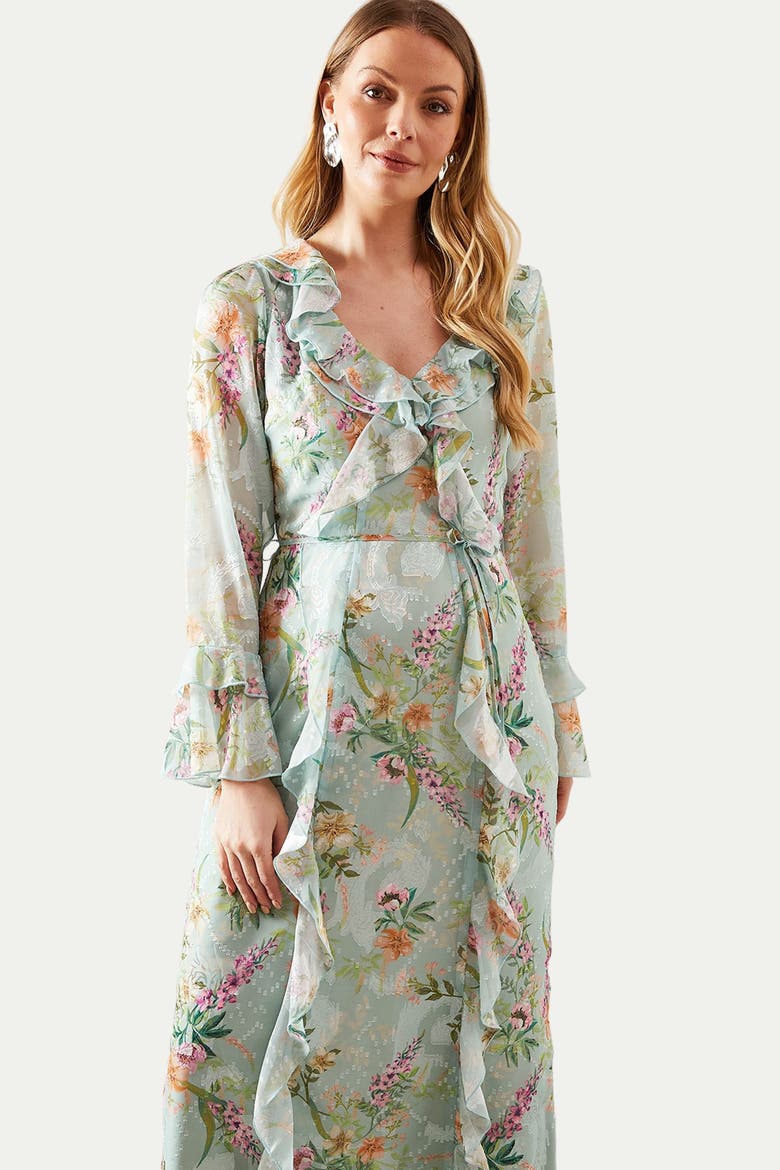 Floral Ruffle Belted Midaxi Dress, Alternate, color, Sage