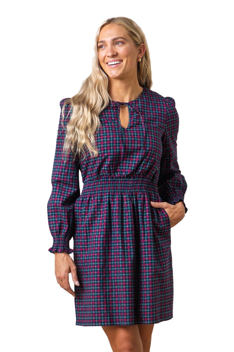Women's Smocked Keyhole Dress, Main, color, Navy Holiday Check