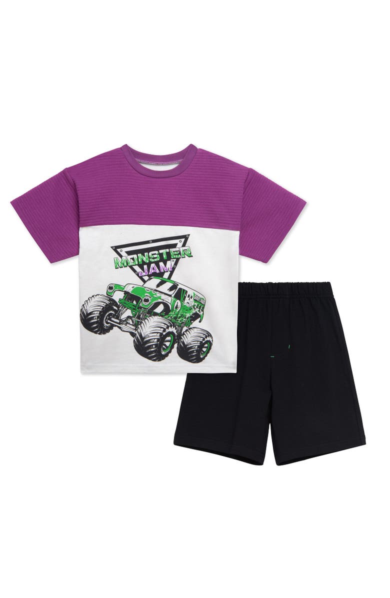 Monster Jam Grave Digger T-Shirt & Mesh Shorts Set, Main, color, Purple / Gray / Black
