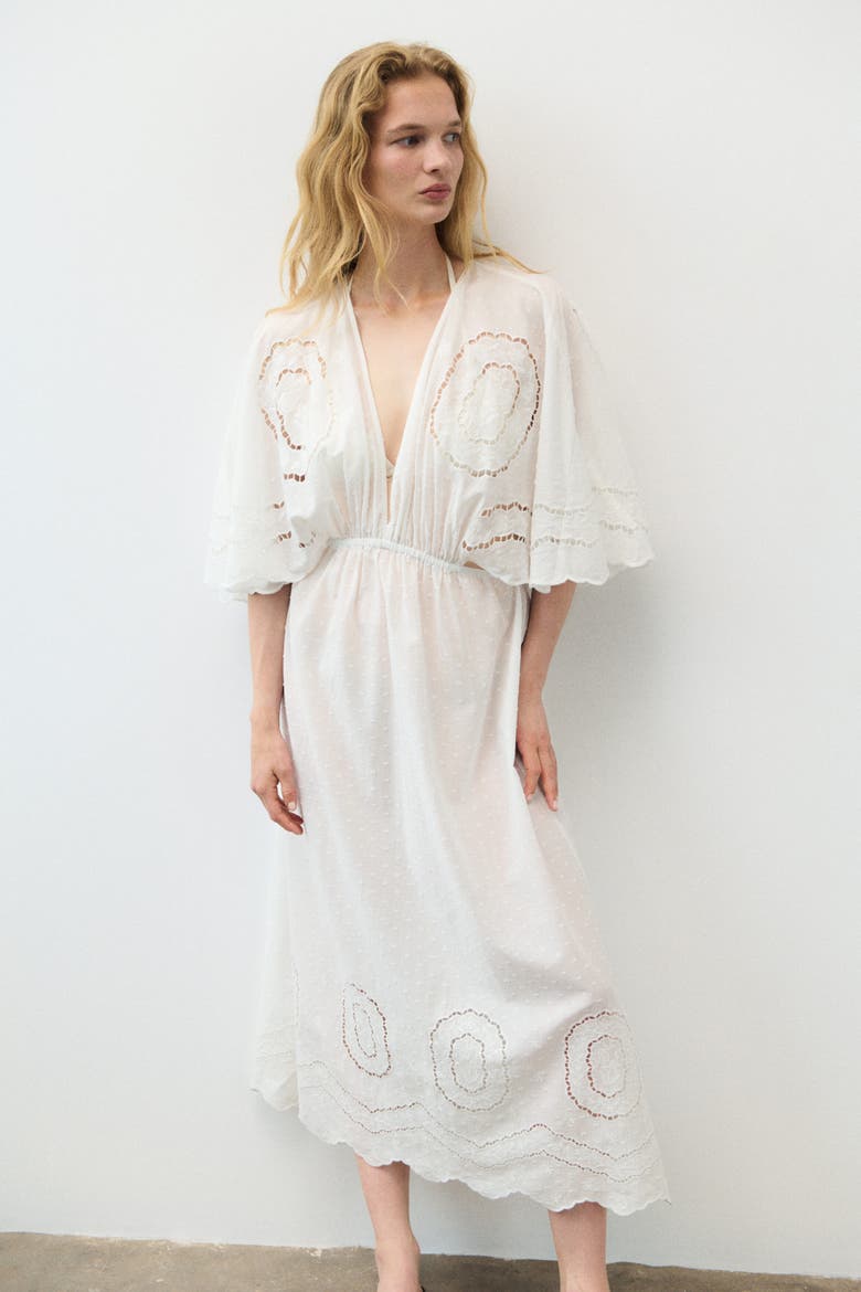 Cape-detail Dress With Eyelet Embroidery, Alternate, color, White