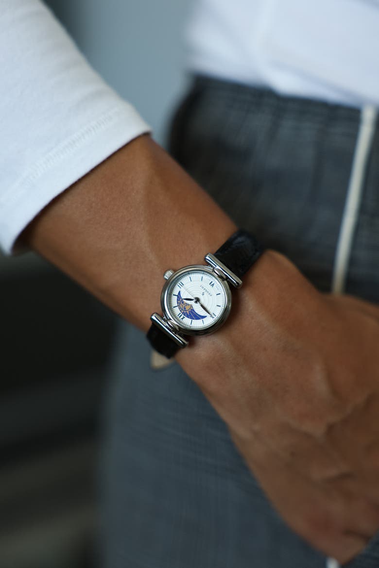 Petite Sun Moon Glossy Leather Watch- 25MM, Alternate, color, Silver
