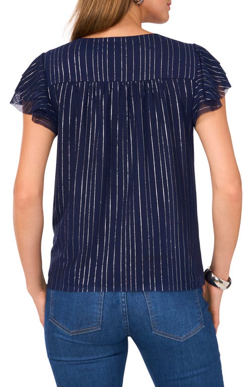 VINCE CAMUTO VINCE CAMUTO STRIPE FLUTTER SLEEVE BUTTON-UP MESH TOP 