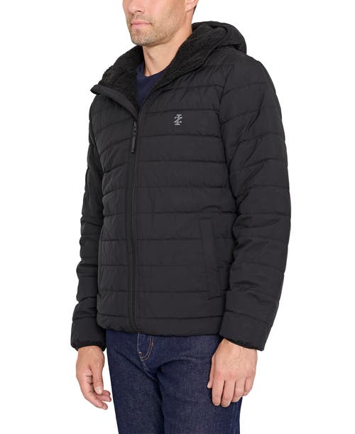 Izod Hooded Stretch Puffer Jacket With Fleece Lining In Black