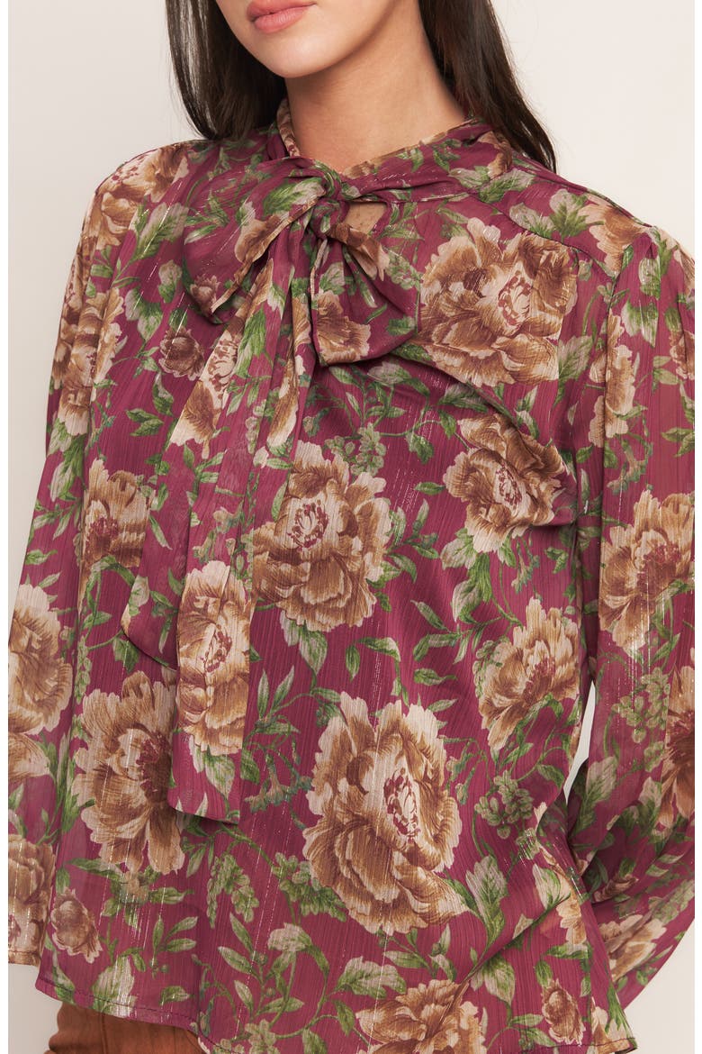 Floral Tie Neck Top, Alternate, color, BURGUNDY