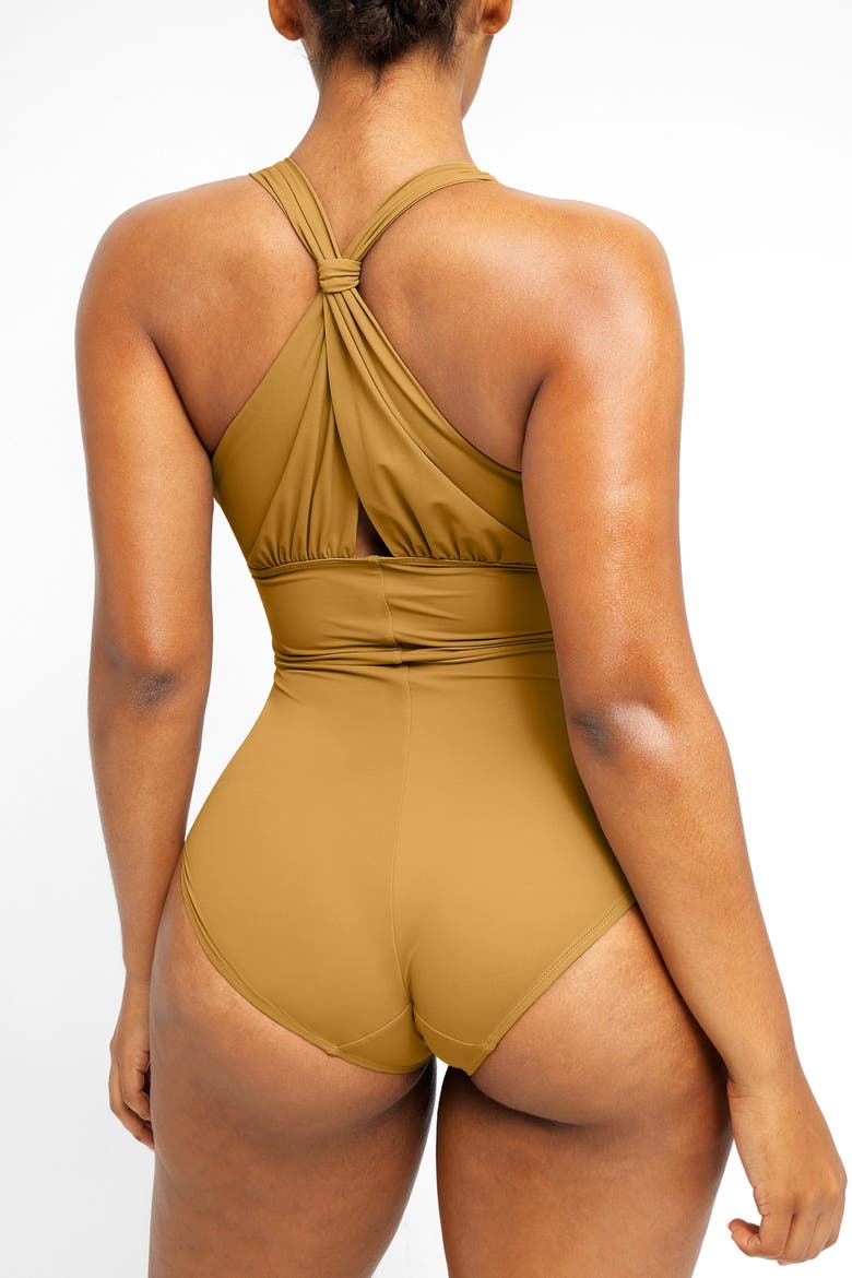 Plunge Ruched Twist-Front One Piece Swimsuit, Alternate, color, Earth Yellow