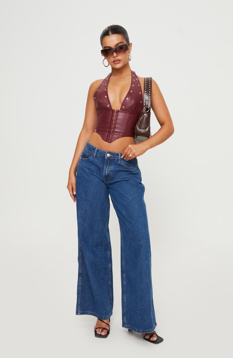 Princess Polly Palladia Jordy Grommet Faux Leather Corset Halter Top, Alternate, color, Dark Red