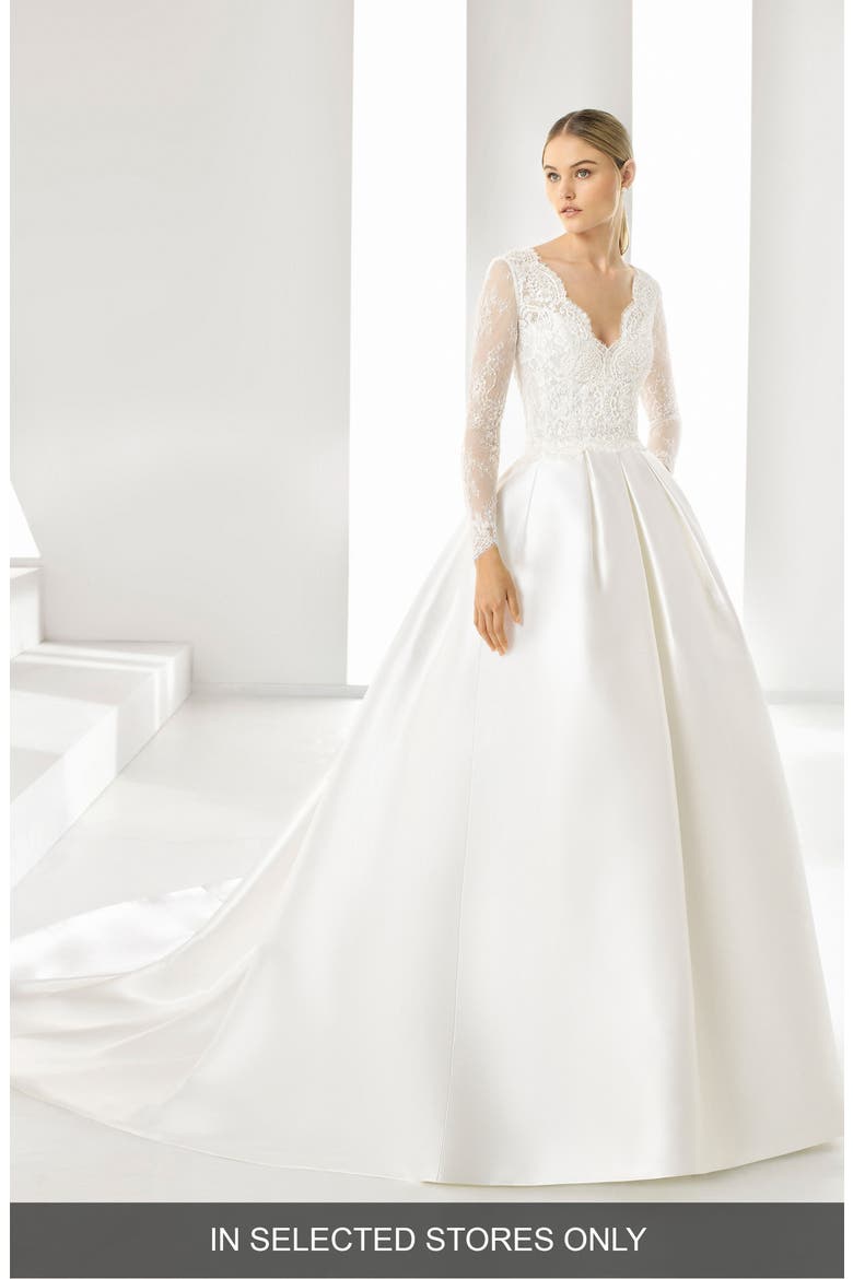 Drue Long Sleeve Beaded Lace Ballgown Wedding Dress, Main, color, NATURAL
