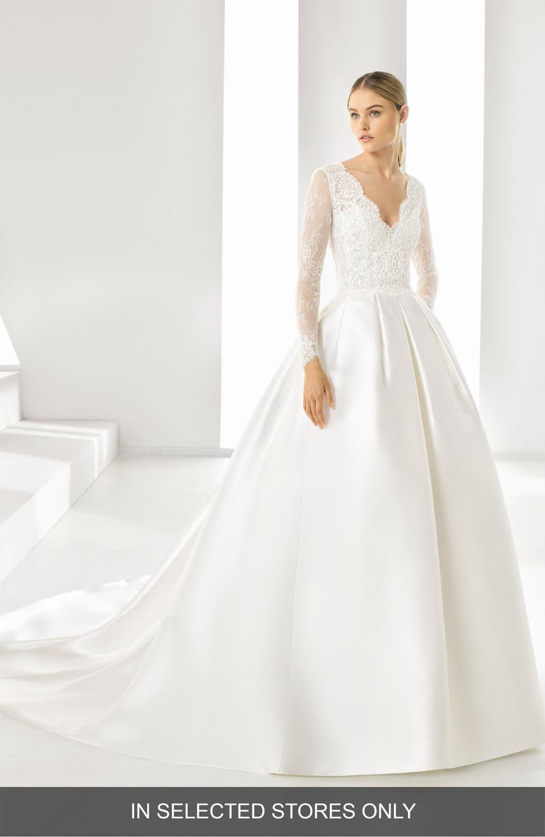 Rosa Clará Drue Long Sleeve Beaded Lace Ballgown Wedding Dress, Main, color, 