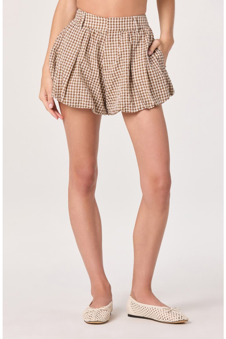 Margeen Cotton Gingham Bubble Shorts, Main, color, BROWN GINGHAM